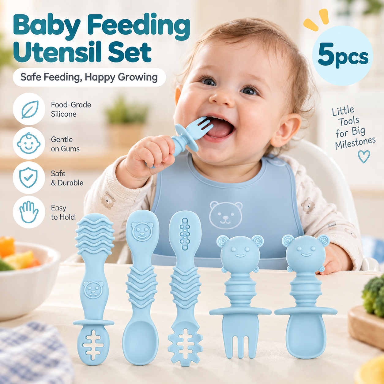 GABYSTEE™ 5-Piece Self-Feeding Silicone Spoon Set with Choking Guard – Baby Weaning