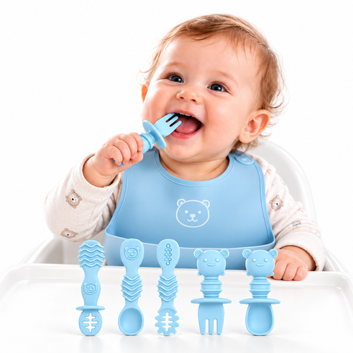5-Piece Self-Feeding Silicone Spoon Set with Choking Guard – Baby Weaning