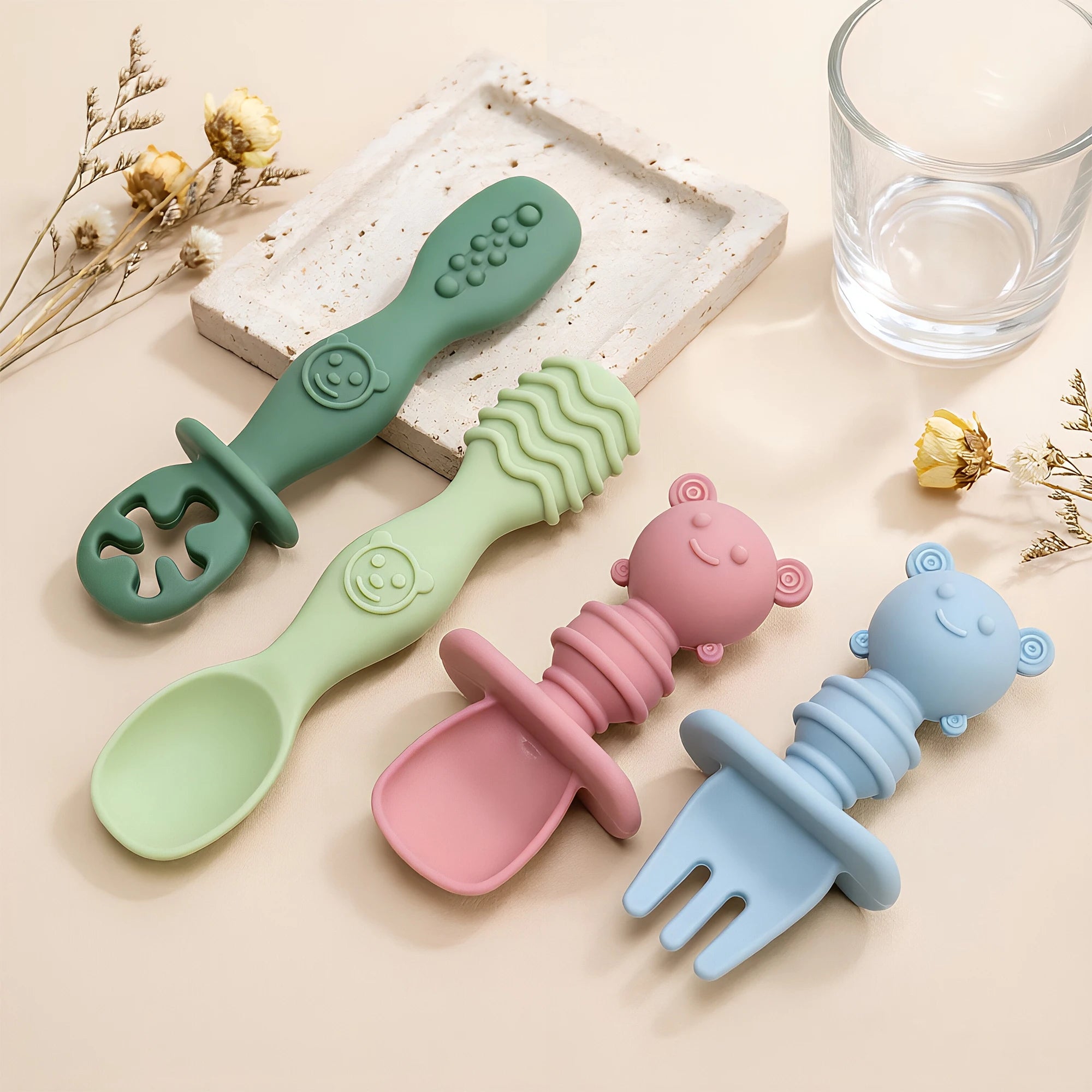 GABYSTEE™ 4-Piece Silicone Baby Spoon & Fork Set – Long & Short Handles for Self-Feeding