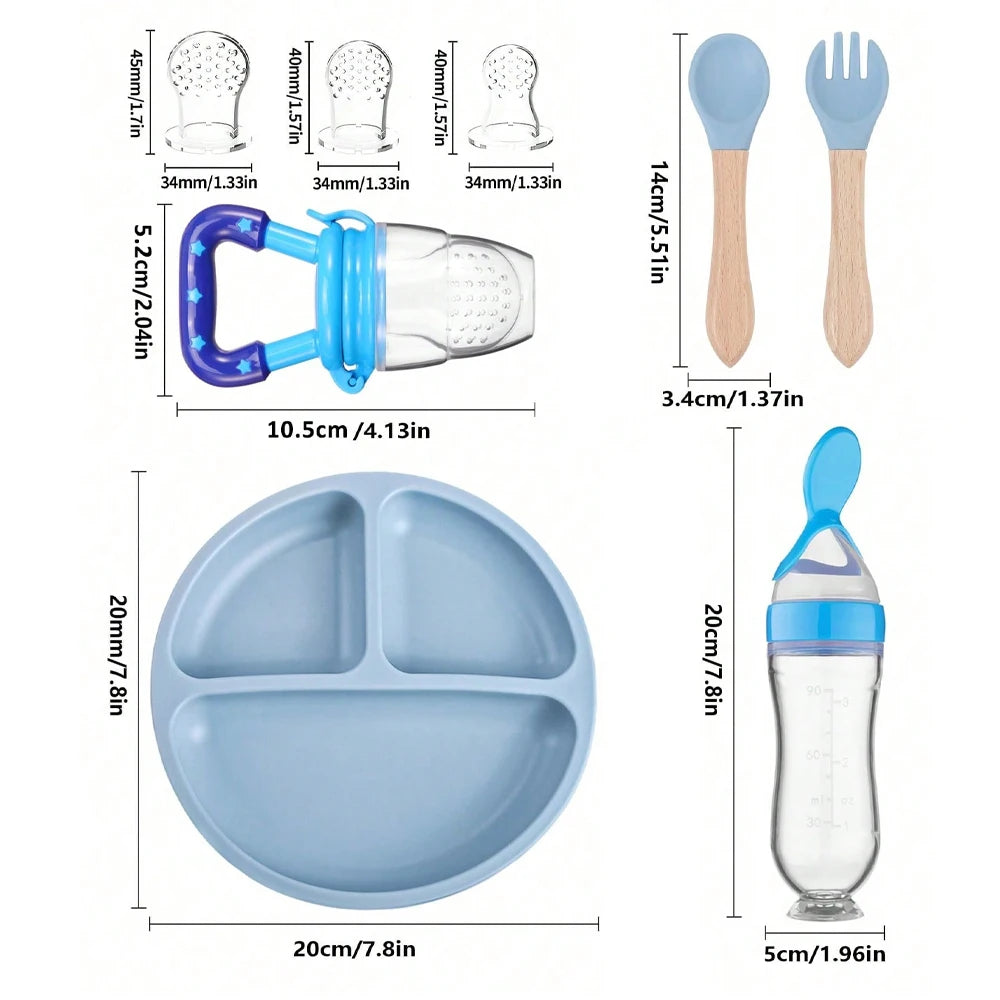 Silicone Baby Tableware Set with Wooden Utensils