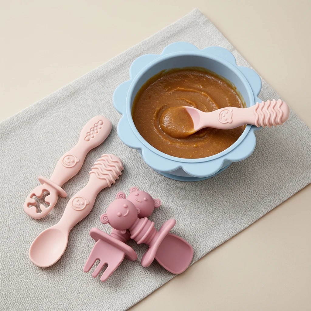 GABYSTEE™ 4-Piece Silicone Baby Spoon & Fork Set – Long & Short Handles for Self-Feeding