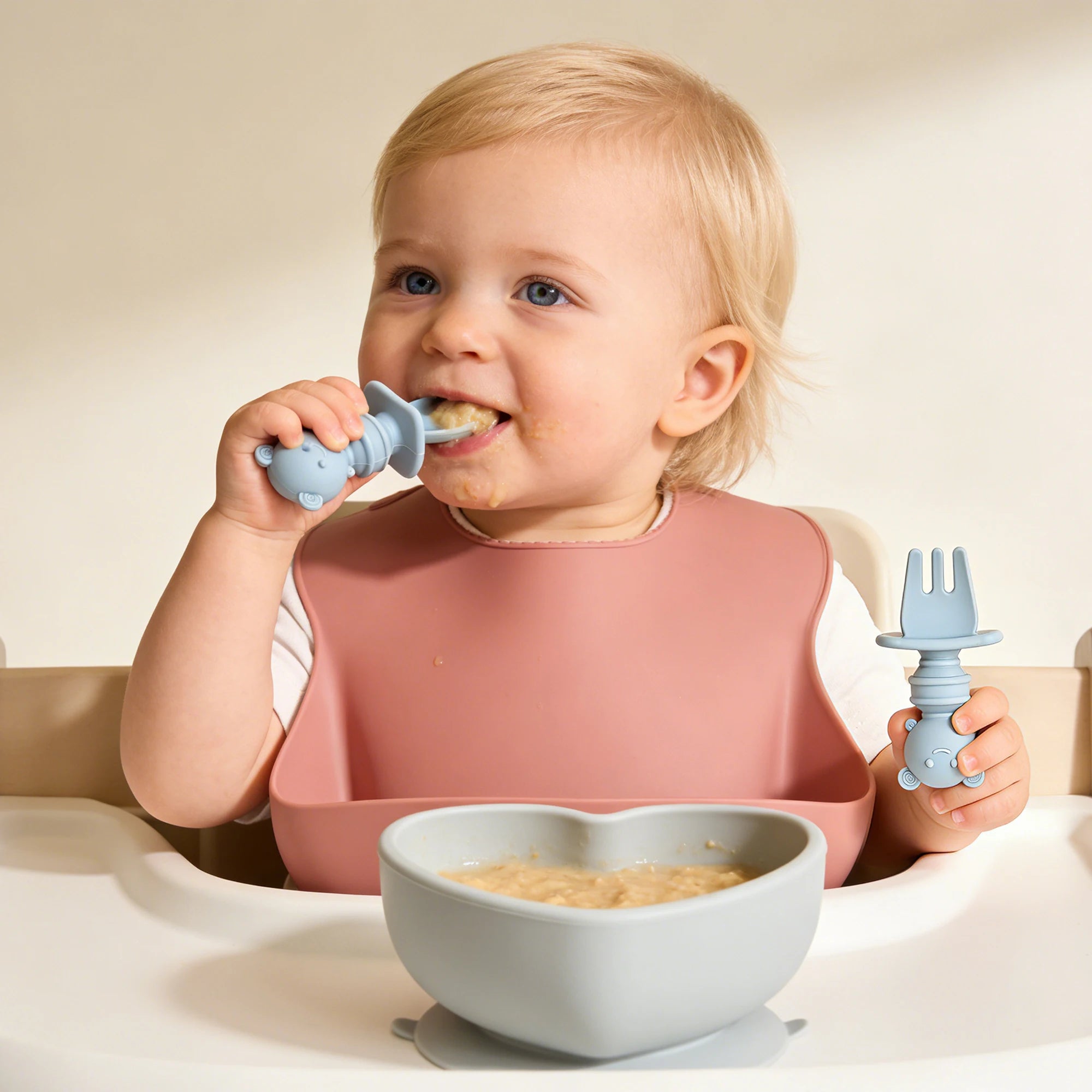 GABYSTEE™ 4-Piece Silicone Baby Spoon & Fork Set – Long & Short Handles for Self-Feeding