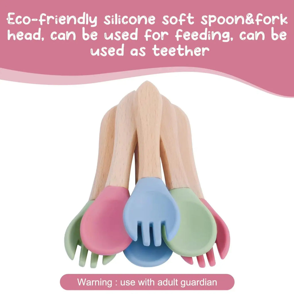 Silicone Baby Tableware Set with Wooden Utensils
