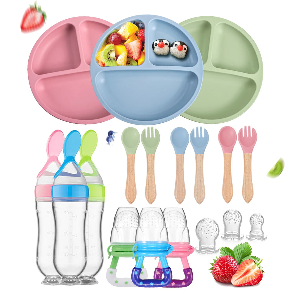 Silicone Baby Tableware Set with Wooden Utensils