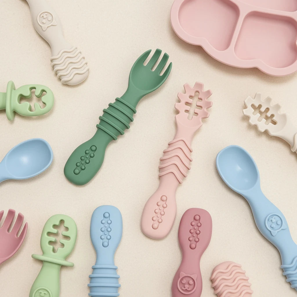GABYSTEE™ 4-Piece Silicone Baby Spoon & Fork Set – Soft, Microwave & Dishwasher Safe