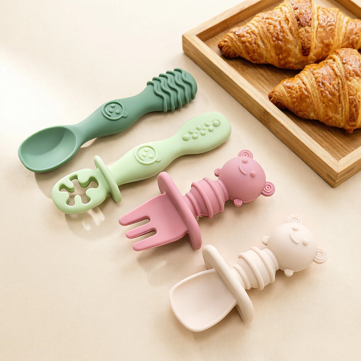 GABYSTEE™ 4-Piece Silicone Baby Spoon & Fork Set – Long & Short Handles for Self-Feeding