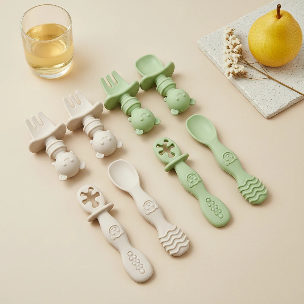 GABYSTEE™ 4-Piece Silicone Baby Spoon & Fork Set – Long & Short Handles for Self-Feeding