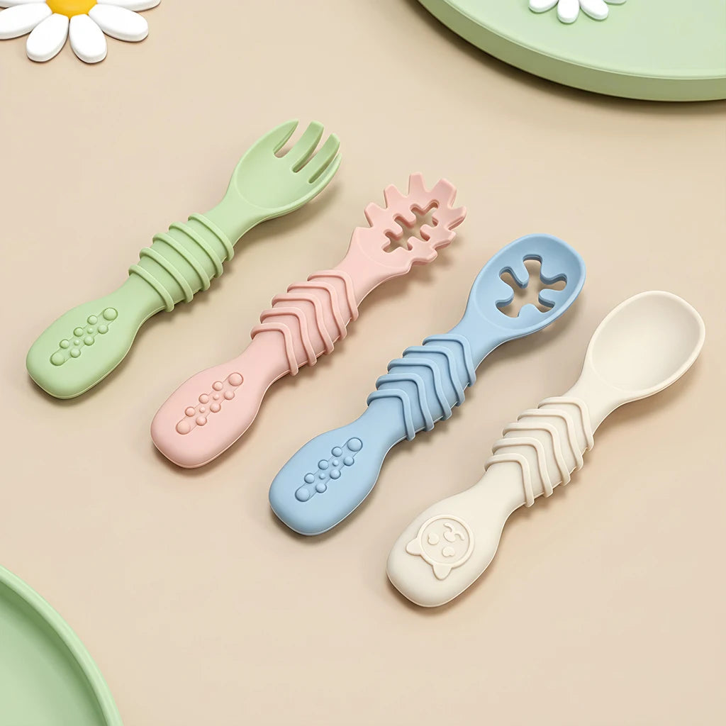 GABYSTEE™ 4-Piece Silicone Baby Spoon & Fork Set – Soft, Microwave & Dishwasher Safe